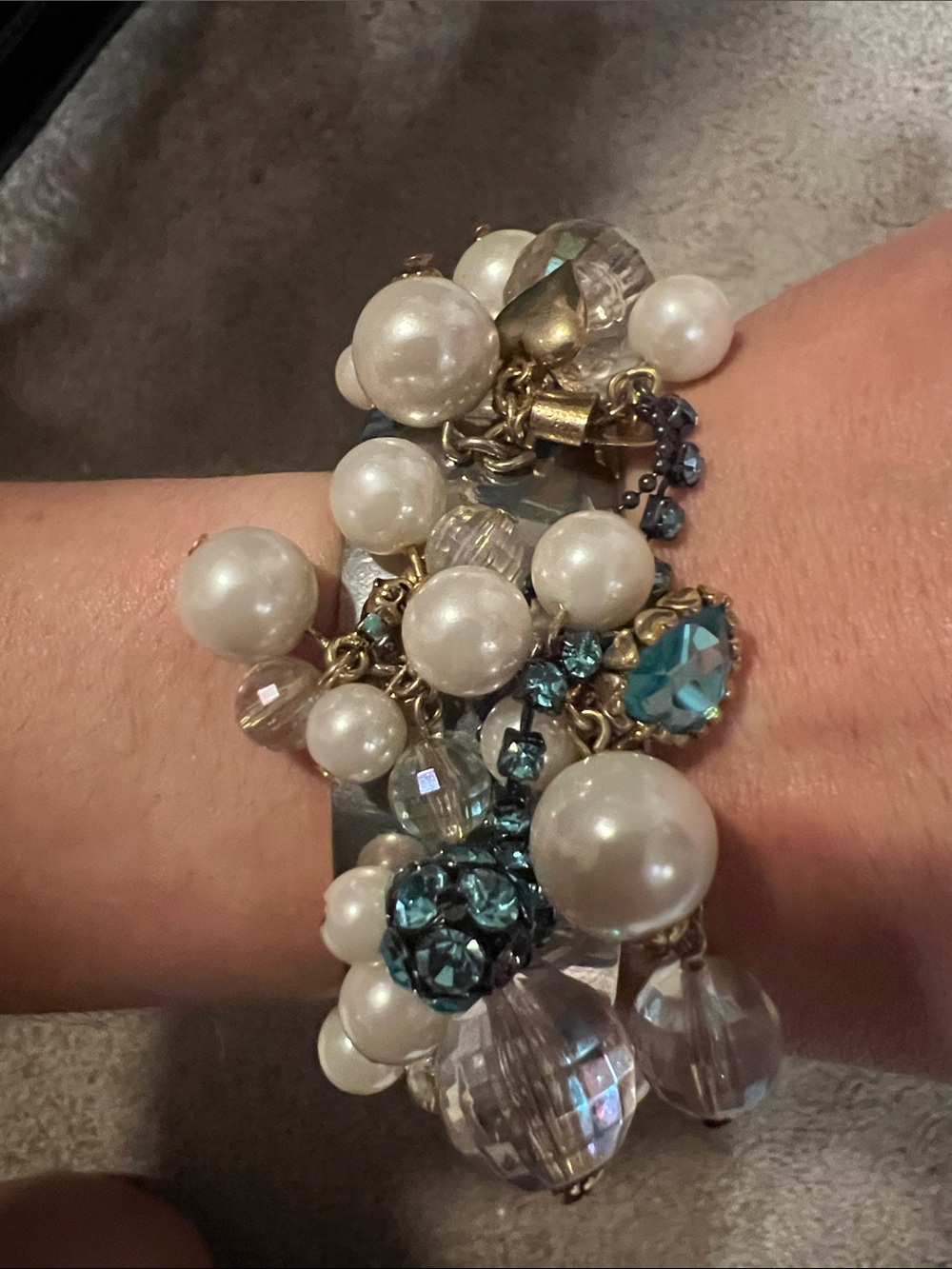 Betsey Johnson Sliver & Gold-Tone Pearl and Aqua Crystal Multi-Strand Bracelet